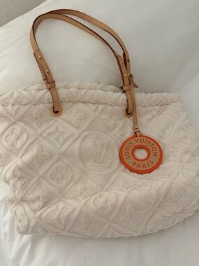 Louis Vuitton Cream Quilted Monogram Tote with Tan Straps and Orange Charm